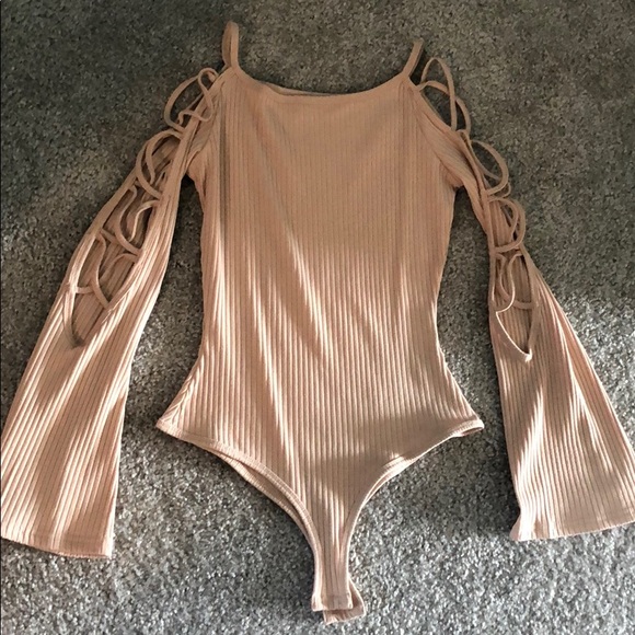 Tops - Tan bodysuit with cut out bell sleeves!